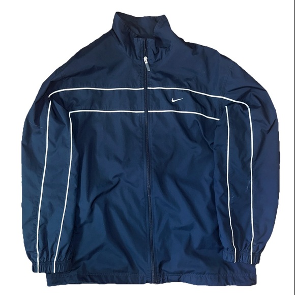 Vintage 90s Nike Windbreaker Center Swoosh Navy Blue Full Zip Up Grey Tag Y2k - Picture 1 of 6
